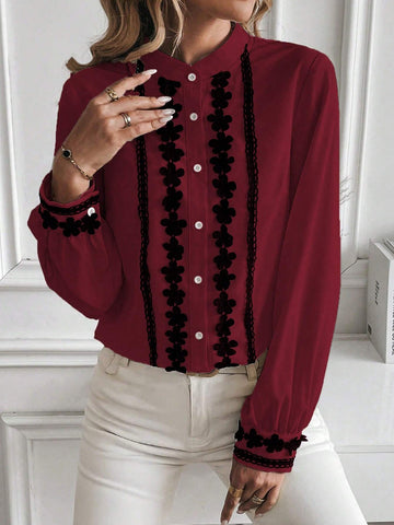 LUNE Women's Autumn Notch Collar V-Neck Lace Patchwork Long Sleeve Elegant Blouse