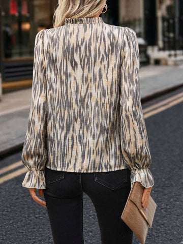 LUNE Women's Autumn Season V-Neck Ruffle Long Sleeve Allover Allover Print Shirt