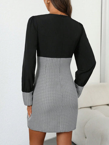 Women's Autumn V-Neck Long Sleeve Plaid Patchwork Button Design Elegant Mini Dress