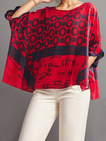 LUNE Women's Bat Sleeved Irregular Printed Shirt