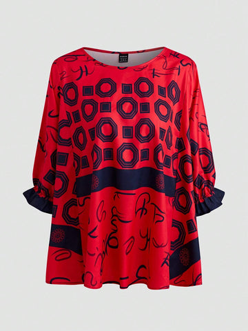 LUNE Women's Bat Sleeved Irregular Printed Shirt