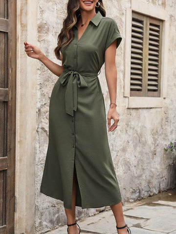 Women's Batwing Short Sleeve Belted Shirt Dress