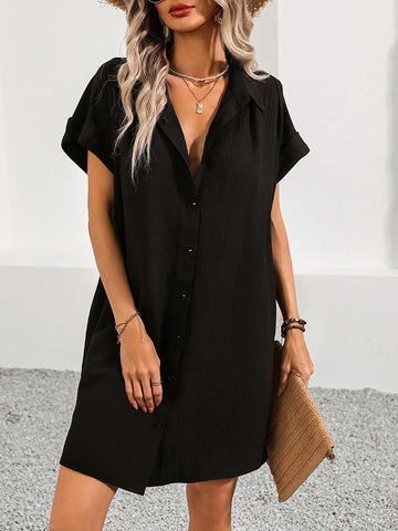 Women's Batwing Sleeve Loose Fit Tunic Dress With Turn-Down Collar