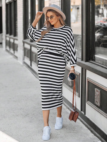 Women's Batwing Sleeve Loose T-Shirt + Women's Striped Fitted Skirt