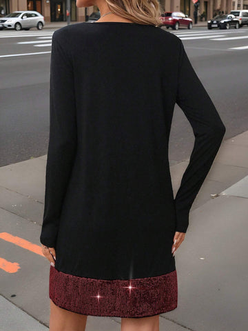 Women's Beaded Patchwork Round Neck Long Sleeve Short Dress, For Autumn