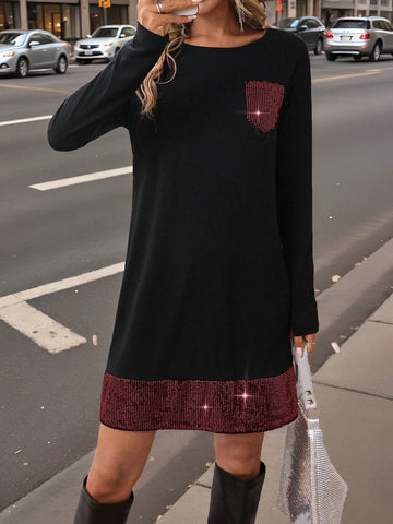 Women's Beaded Patchwork Round Neck Long Sleeve Short Dress, For Autumn