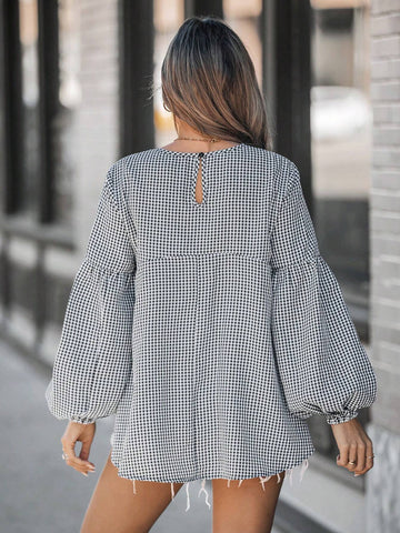 LUNE Women's Black & White Plaid Puff Sleeve Casual Blouse