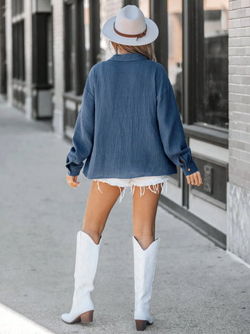 LUNE Women's Blue Casual Open Front Mandarin Collar Oversized Shirt,Long Sleeve Shirt