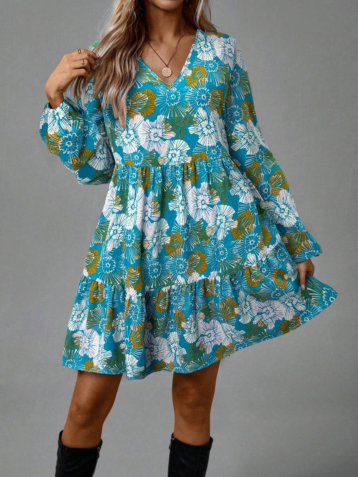 Women's Blue & Green Floral Print Mini Dress