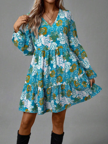 Women's Blue & Green Floral Print Mini Dress