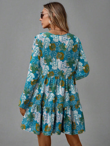 Women's Blue & Green Floral Print Mini Dress