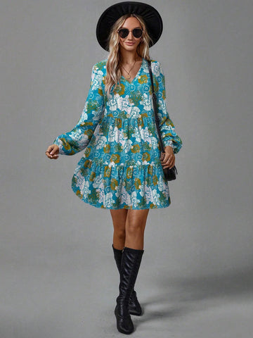 Women's Blue & Green Floral Print Mini Dress