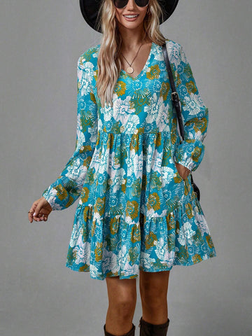 Women's Blue & Green Floral Print Mini Dress