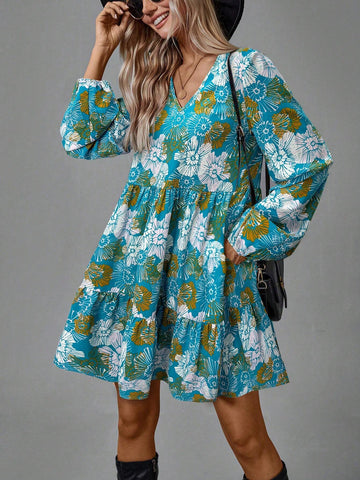 Women's Blue & Green Floral Print Mini Dress