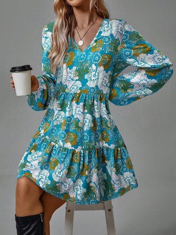 Women's Blue & Green Floral Print Mini Dress