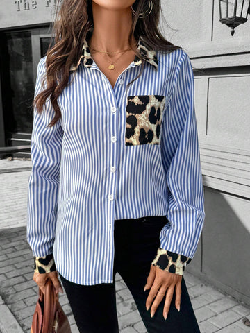 LUNE Women's Blue & White Stripe Patchwork Leopard Print Casual Fashion Woven Cardigan