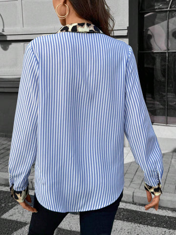 LUNE Women's Blue & White Stripe Patchwork Leopard Print Casual Fashion Woven Cardigan