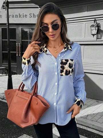 LUNE Women's Blue & White Stripe Patchwork Leopard Print Casual Fashion Woven Cardigan