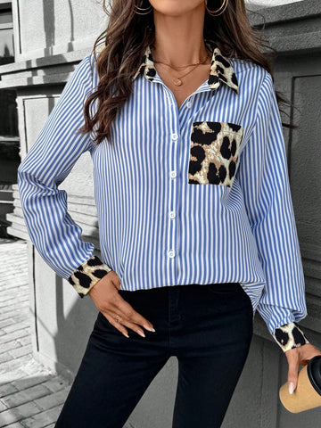 LUNE Women's Blue & White Stripe Patchwork Leopard Print Casual Fashion Woven Cardigan