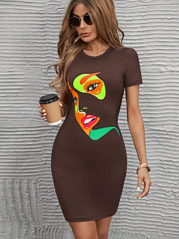 Women's Bodycon Short Sleeve Dress Printed With Face Pattern