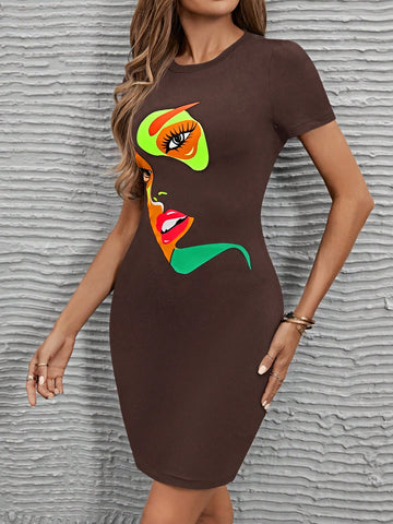 Women's Bodycon Short Sleeve Dress Printed With Face Pattern