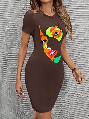 Women's Bodycon Short Sleeve Dress Printed With Face Pattern