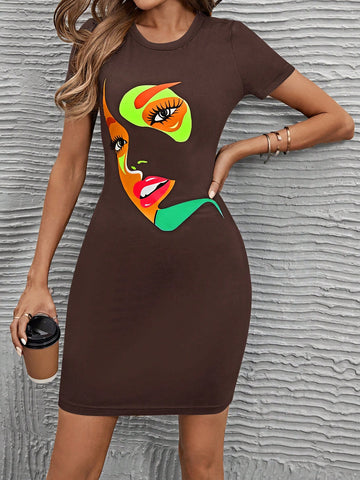 Women's Bodycon Short Sleeve Dress Printed With Face Pattern