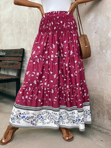 LUNE Women's Bohemian Style Floral Printed Wide Leg Loose Vacation Pants