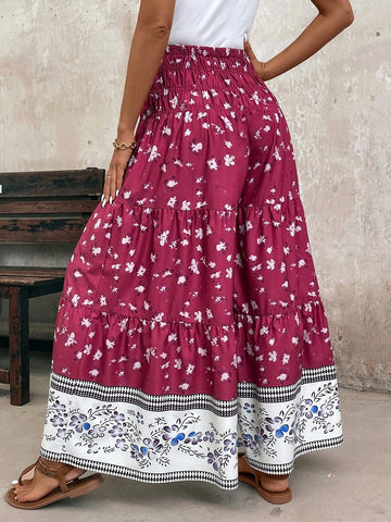 LUNE Women's Bohemian Style Floral Printed Wide Leg Loose Vacation Pants