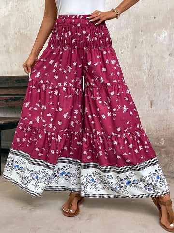 LUNE Women's Bohemian Style Floral Printed Wide Leg Loose Vacation Pants