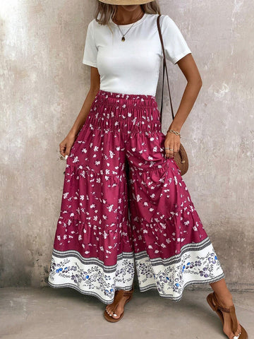 LUNE Women's Bohemian Style Floral Printed Wide Leg Loose Vacation Pants