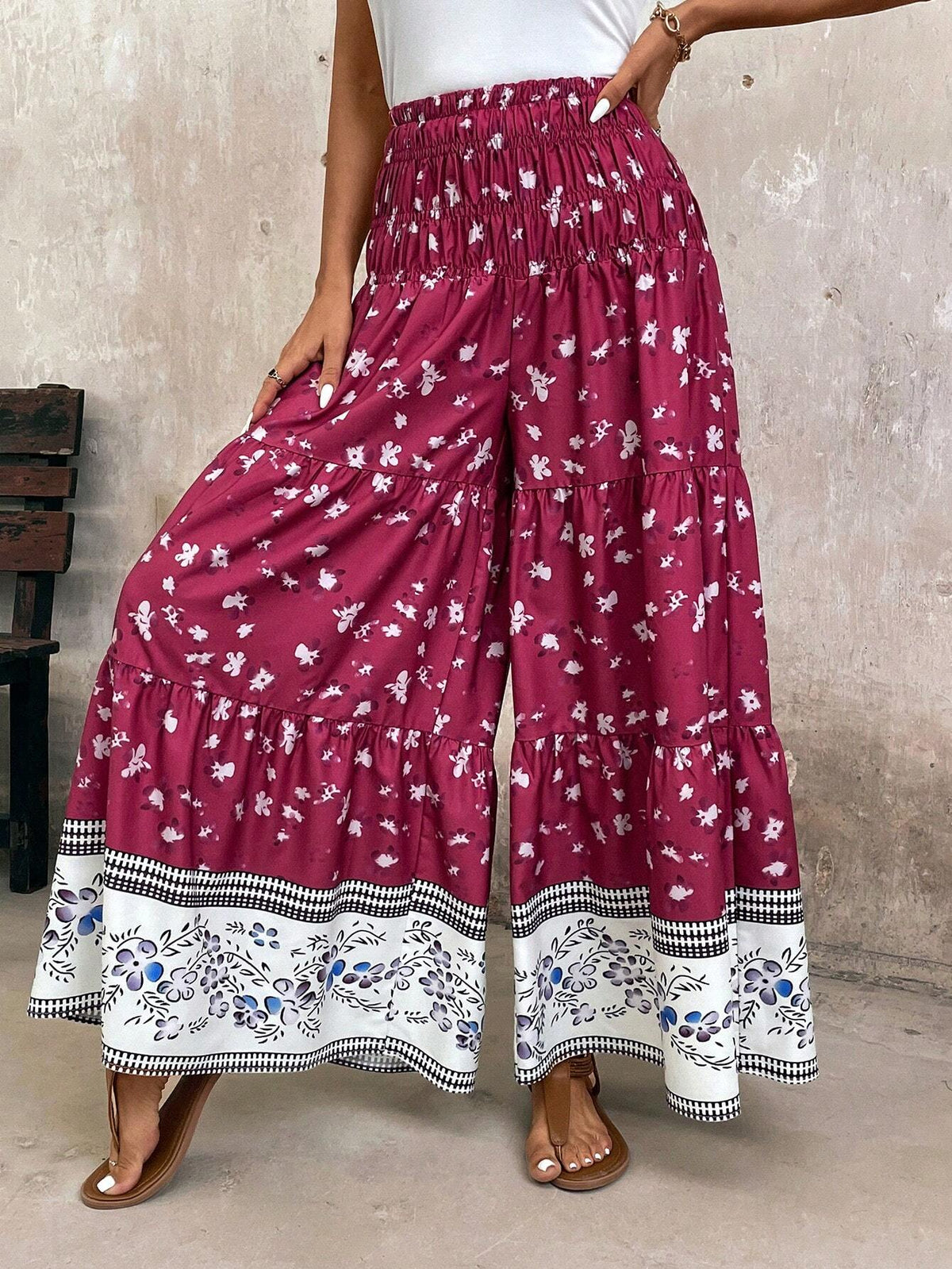 LUNE Women's Bohemian Style Floral Printed Wide Leg Loose Vacation Pants