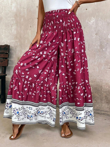 LUNE Women's Bohemian Style Floral Printed Wide Leg Loose Vacation Pants