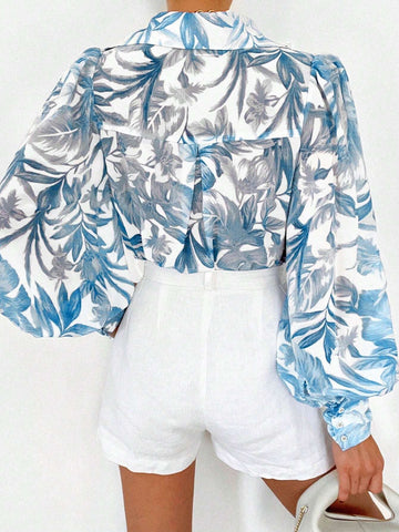 LUNE Women's Botanical Printed Button-Front Long Sleeve Shirt For Summer