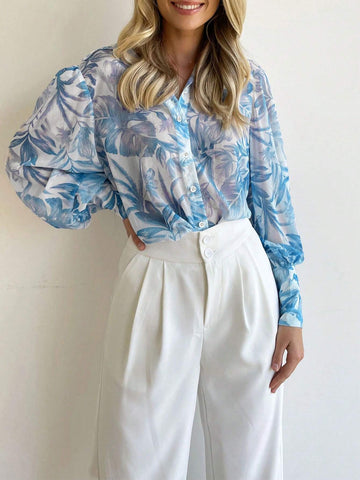 LUNE Women's Botanical Printed Button-Front Long Sleeve Shirt For Summer
