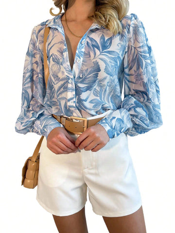 LUNE Women's Botanical Printed Button-Front Long Sleeve Shirt For Summer