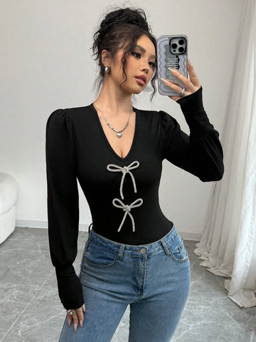 Women's Bow Decor Simple Long Sleeve Casual Blouse, For Daily Wear