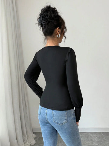 Women's Bow Decor Simple Long Sleeve Casual Blouse, For Daily Wear