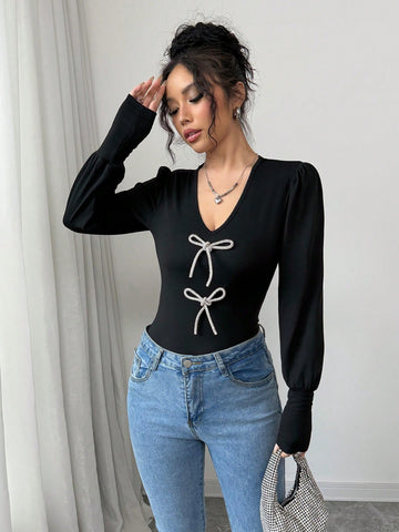 Women's Bow Decor Simple Long Sleeve Casual Blouse, For Daily Wear