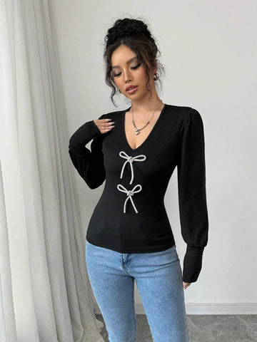 Women's Bow Decor Simple Long Sleeve Casual Blouse, For Daily Wear
