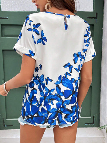 LUNE Women's Butterfly Print Round Neck Short Sleeve Summer Shirt