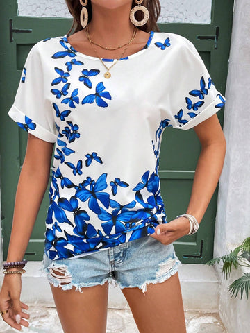 LUNE Women's Butterfly Print Round Neck Short Sleeve Summer Shirt