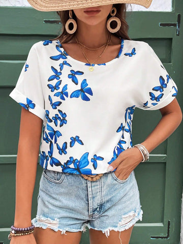 LUNE Women's Butterfly Print Round Neck Short Sleeve Summer Shirt