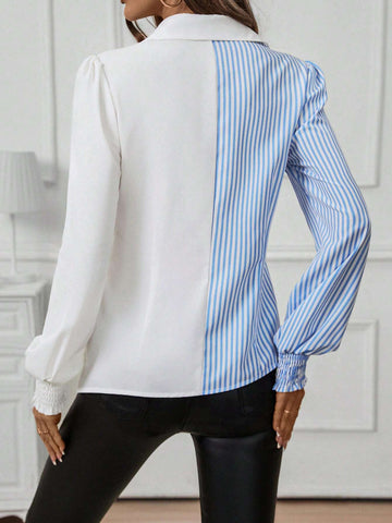 Women''s Button Down Collared Long Sleeve Fitted Shirt With Blue And White Striped Patchwork And Asymmetric Hemline