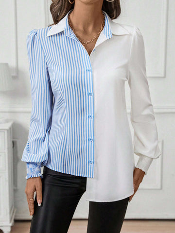 Women''s Button Down Collared Long Sleeve Fitted Shirt With Blue And White Striped Patchwork And Asymmetric Hemline