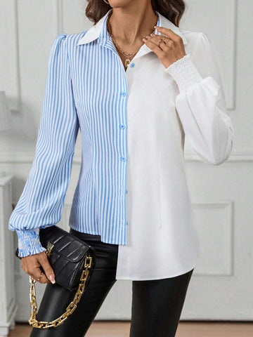 Women''s Button Down Collared Long Sleeve Fitted Shirt With Blue And White Striped Patchwork And Asymmetric Hemline