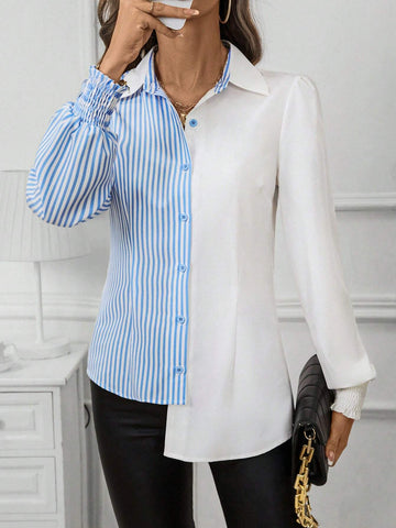 Women''s Button Down Collared Long Sleeve Fitted Shirt With Blue And White Striped Patchwork And Asymmetric Hemline