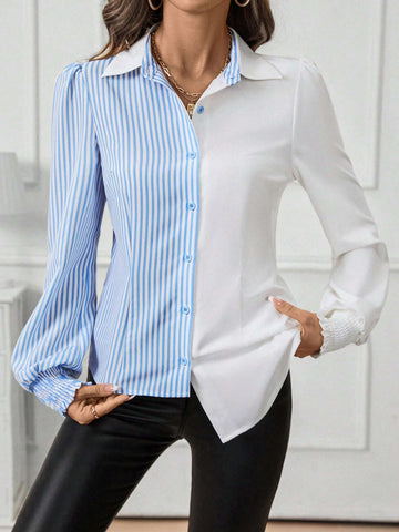 Women''s Button Down Collared Long Sleeve Fitted Shirt With Blue And White Striped Patchwork And Asymmetric Hemline