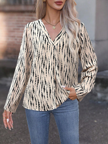 LUNE Women's Button Down Long Sleeve V-Neck Printed Blouse