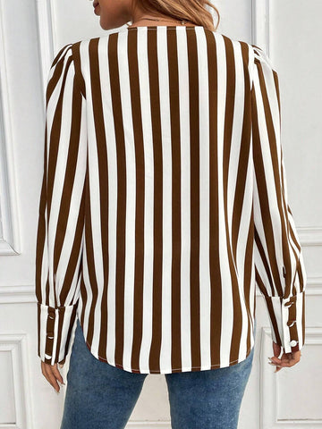 LUNE Women's Button Front Long Sleeve Striped Minimalist Casual Blouse